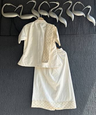 Off white cotton silk mundu nehru collar shirt set 2