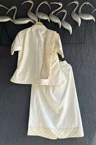 Off white cotton silk mundu nehru collar shirt set