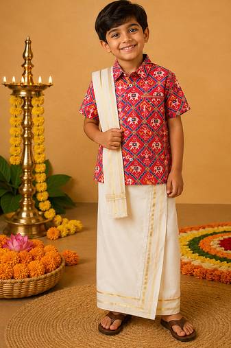 Red elephant printed cotton silk mundu shirt set