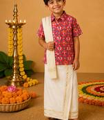 Red elephant printed cotton silk mundu shirt set