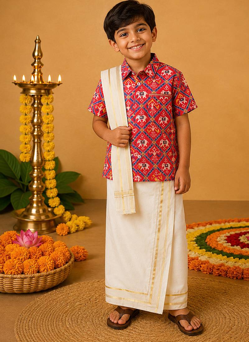 Red elephant printed cotton silk mundu shirt set