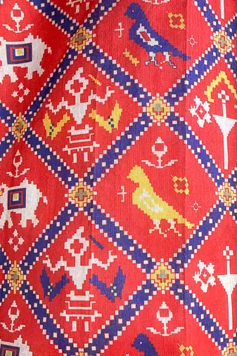 Red elephant printed cotton silk mundu shirt set