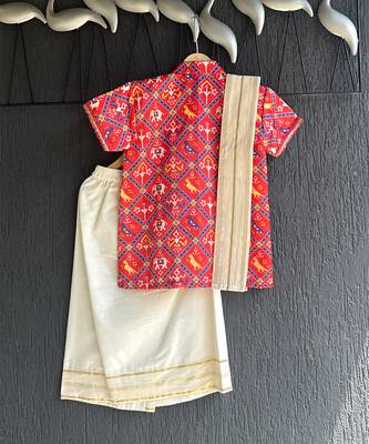 Red elephant printed cotton silk mundu shirt set 3
