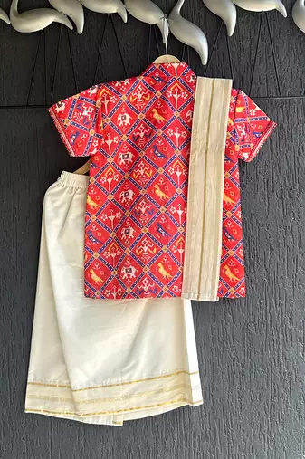 Red elephant printed cotton silk mundu shirt set