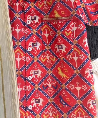 Red elephant printed cotton silk mundu shirt set 4