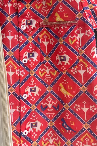 Red elephant printed cotton silk mundu shirt set