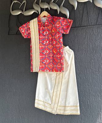 Red elephant printed cotton silk mundu shirt set 5