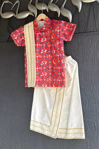 Red elephant printed cotton silk mundu shirt set