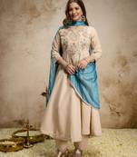 Cream chanderi kurta pant set with chinon dupatta
