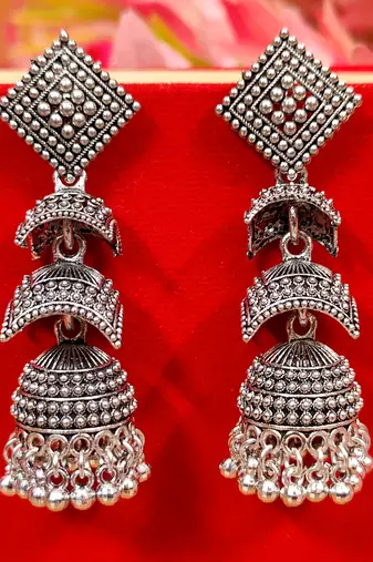 OXIDISED SILVER LOOK DOUBLE DECKER JHUMKA'S