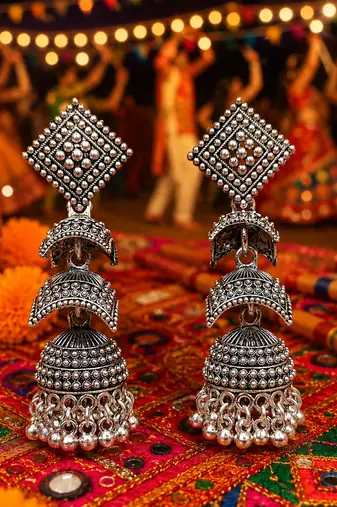OXIDISED SILVER LOOK DOUBLE DECKER JHUMKA'S