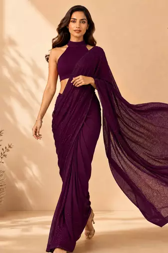 Women purple satin stone work geometric heptagon saree with unstitched blouse piece