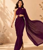Women purple satin stone work geometric heptagon saree with unstitched blouse piece