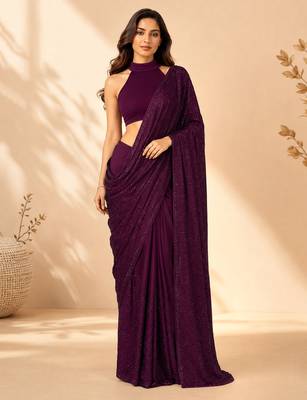Women purple satin stone work geometric heptagon saree with unstitched blouse piece 2