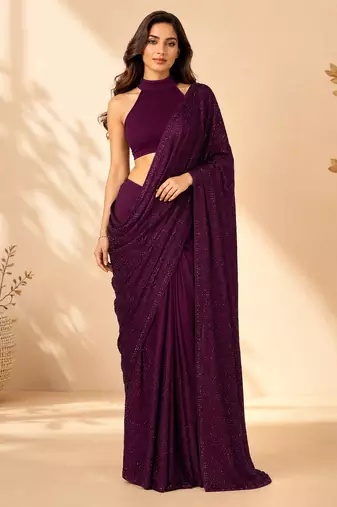 Women purple satin stone work geometric heptagon saree with unstitched blouse piece