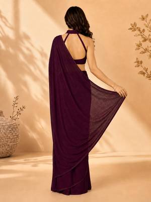 Women purple satin stone work geometric heptagon saree with unstitched blouse piece 3