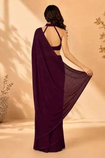 Women purple satin stone work geometric heptagon saree with unstitched blouse piece