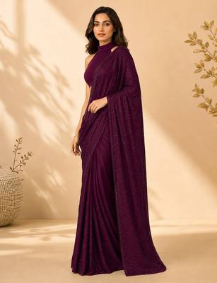 Women purple satin stone work geometric heptagon saree with unstitched blouse piece 4
