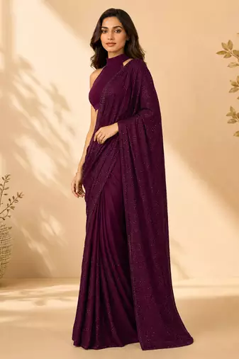 Women purple satin stone work geometric heptagon saree with unstitched blouse piece