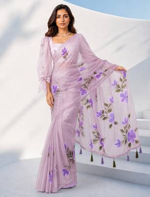Women lavender organza digital print floral saree with unstitched blouse piece 1