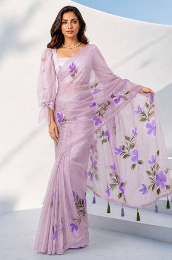 Women lavender organza digital print floral saree with unstitched blouse piece