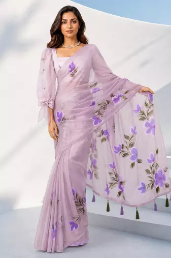 Women lavender organza digital print floral saree with unstitched blouse piece