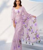 Women lavender organza digital print floral saree with unstitched blouse piece
