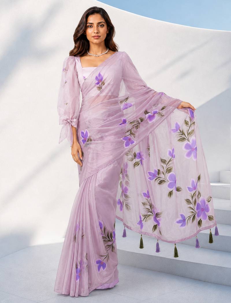 Women lavender organza digital print floral saree with unstitched blouse piece