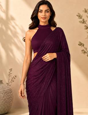 Women purple satin stone work geometric heptagon saree with unstitched blouse piece 5