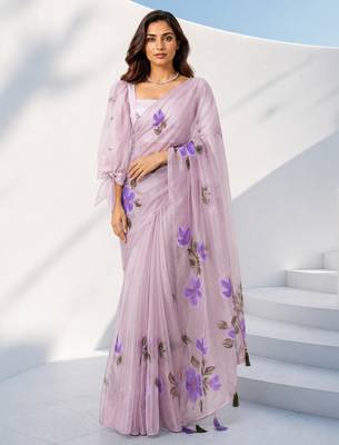 Women lavender organza digital print floral saree with unstitched blouse piece 2