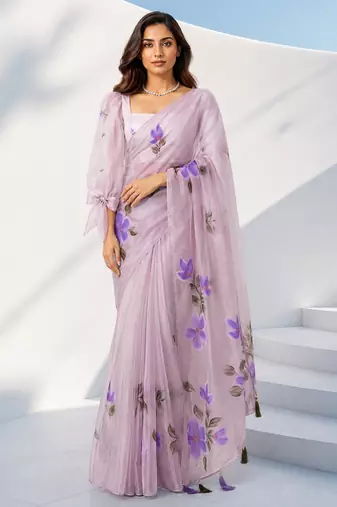 Women lavender organza digital print floral saree with unstitched blouse piece