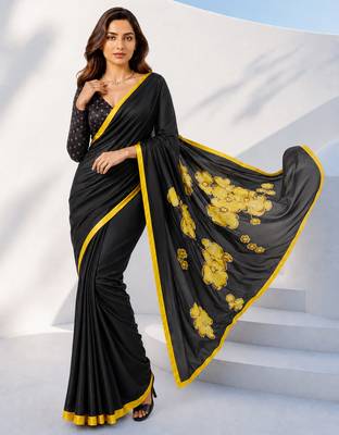 Women yellow & black silk blend digital print floral polka saree with unstitched blouse piece 1