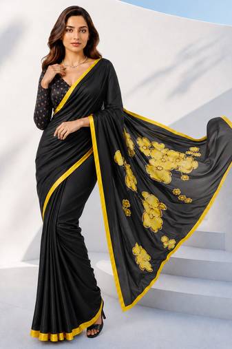 Women yellow & black silk blend digital print floral polka saree with unstitched blouse piece