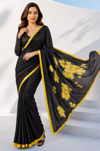 Women yellow & black silk blend digital print floral polka saree with unstitched blouse piece