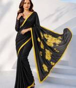 Women yellow & black silk blend digital print floral polka saree with unstitched blouse piece