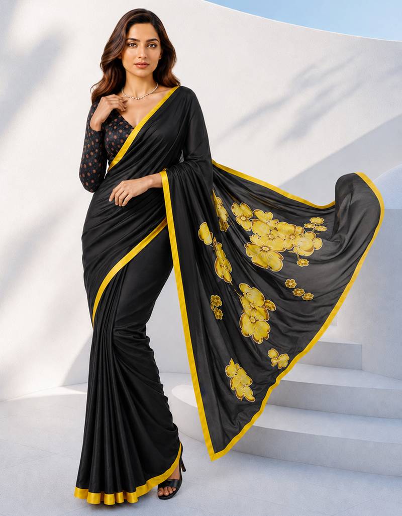 Women yellow & black silk blend digital print floral polka saree with unstitched blouse piece