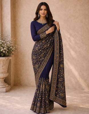 Women blue poly georgette zari embroidery floral ethnic motif saree with daman & pallu work and unstitched blouse piece 1