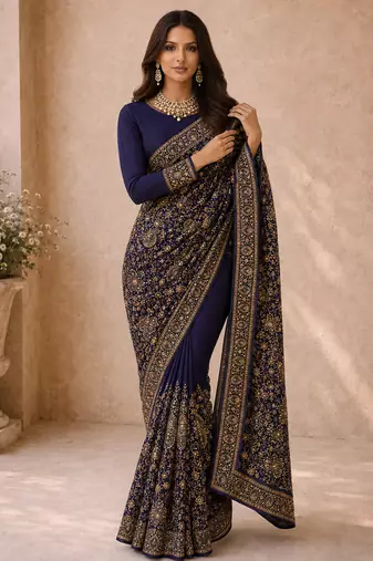 Women blue poly georgette zari embroidery floral ethnic motif saree with daman & pallu work and unstitched blouse piece