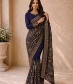 Women blue poly georgette zari embroidery floral ethnic motif saree with daman & pallu work and unstitched blouse piece