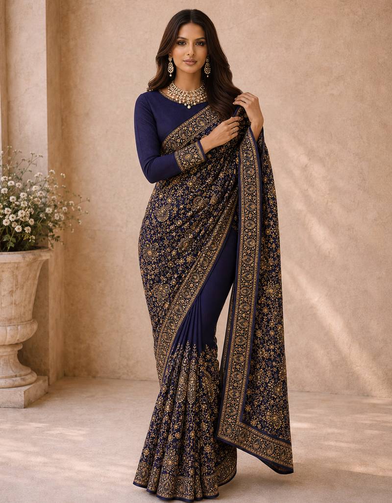 Women blue poly georgette zari embroidery floral ethnic motif saree with daman & pallu work and unstitched blouse piece