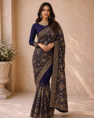 Women blue poly georgette zari embroidery floral ethnic motif saree with daman & pallu work and unstitched blouse piece 2