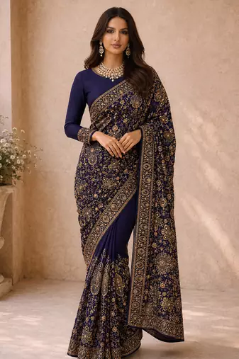 Women blue poly georgette zari embroidery floral ethnic motif saree with daman & pallu work and unstitched blouse piece