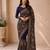 Women blue poly georgette zari embroidery floral ethnic motif saree with daman & pallu work and unstitched blouse piece
