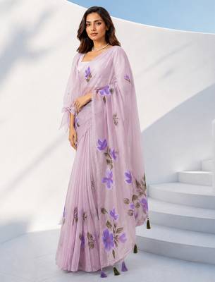 Women lavender organza digital print floral saree with unstitched blouse piece 3