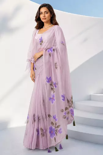 Women lavender organza digital print floral saree with unstitched blouse piece