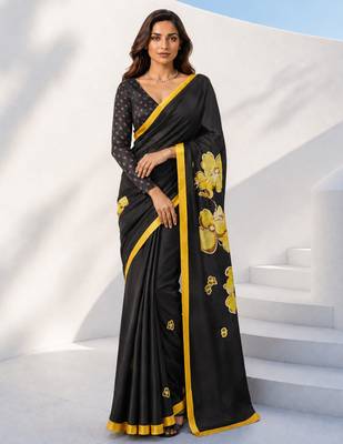 Women yellow & black silk blend digital print floral polka saree with unstitched blouse piece 2