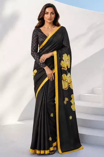 Women yellow & black silk blend digital print floral polka saree with unstitched blouse piece
