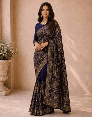 Women blue poly georgette zari embroidery floral ethnic motif saree with daman & pallu work and unstitched blouse piece 3