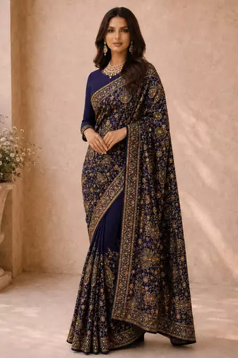 Women blue poly georgette zari embroidery floral ethnic motif saree with daman & pallu work and unstitched blouse piece
