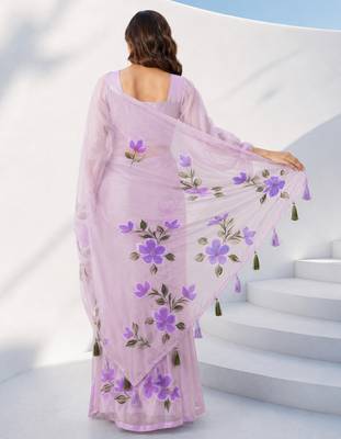 Women lavender organza digital print floral saree with unstitched blouse piece 4